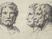 Trois têtes d'hommes en relation avec le lion